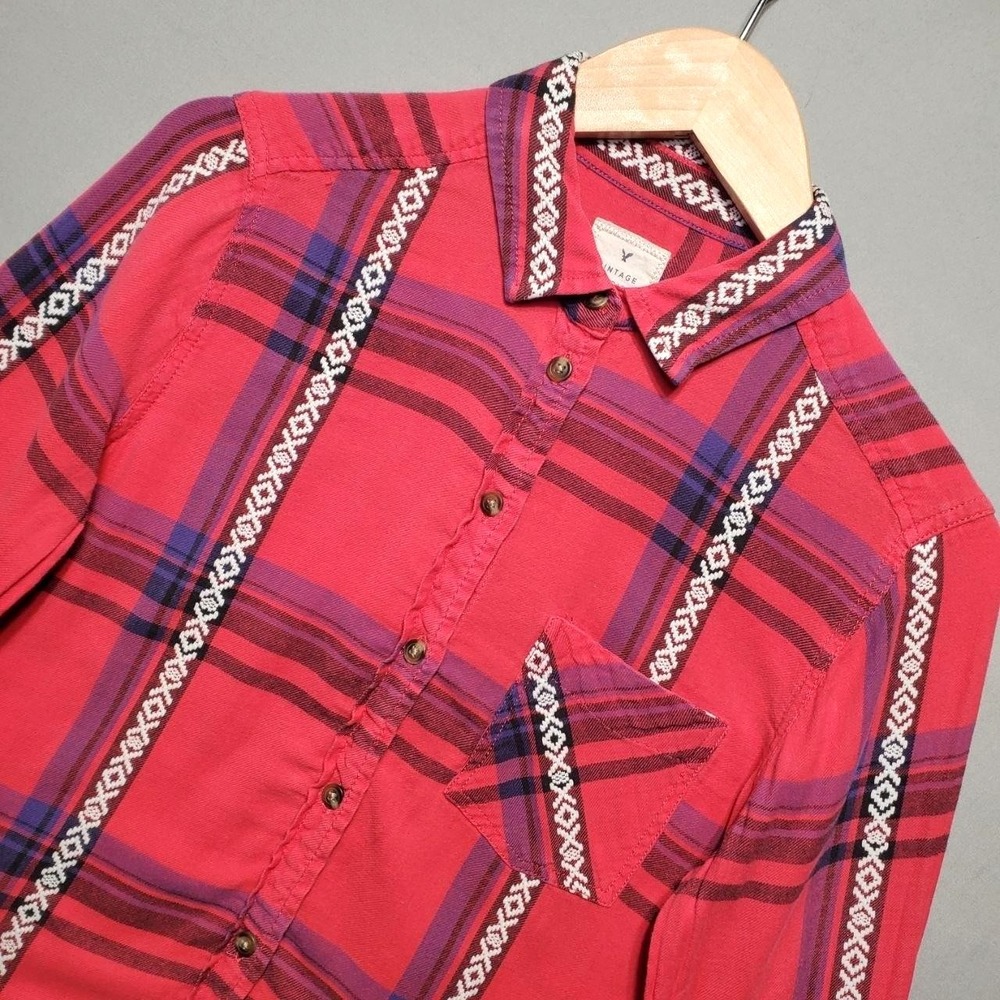 American Eagle AEO Flannel Shirt Women S‎ Pink Plaid Indie Boho Y2K Button Up